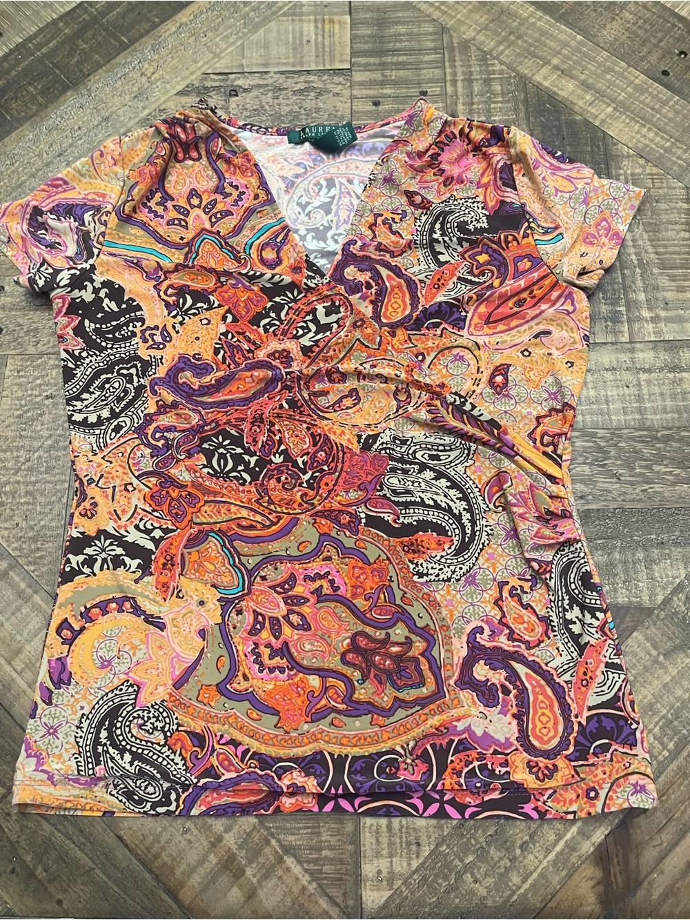 Lauren Ralph Lauren Colorful Paisley Faux Wrap Blouse Top Stretch Size S
